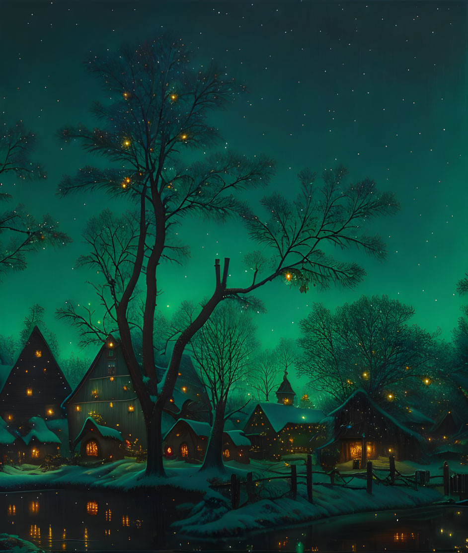 Snow-covered cottages under starry sky with aurora borealis and bare trees