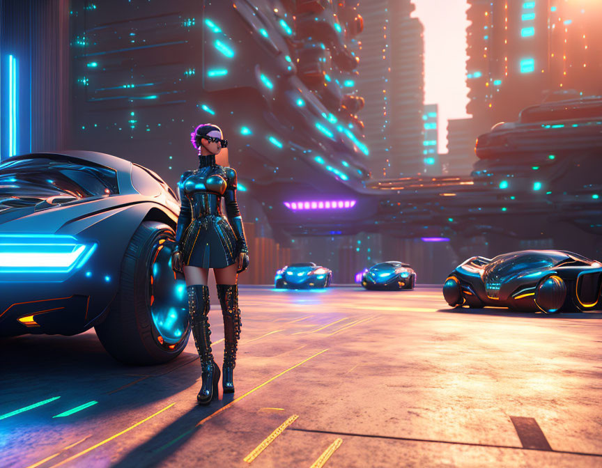 Futuristic woman in cyberpunk attire with sleek cars on neon-lit city street