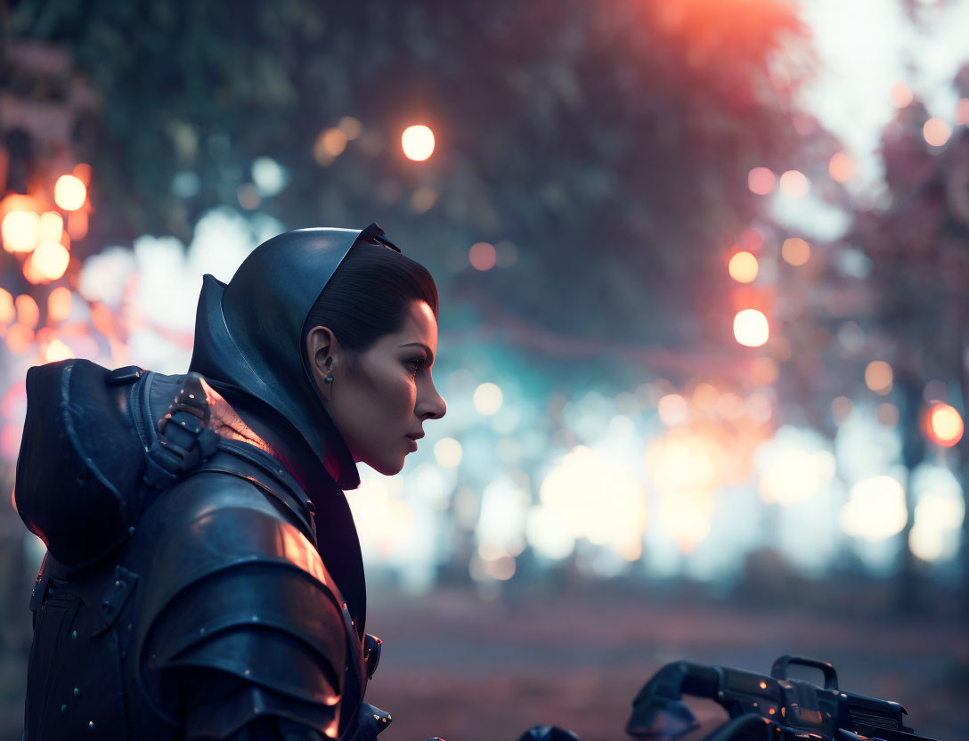 Futuristic armored person in motorcycle helmet gazes pensively with blurred lights.