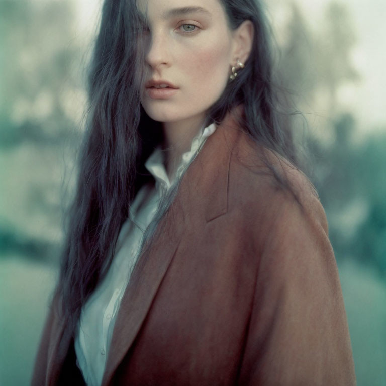 Woman with dark hair in white shirt and brown blazer gazing serenely