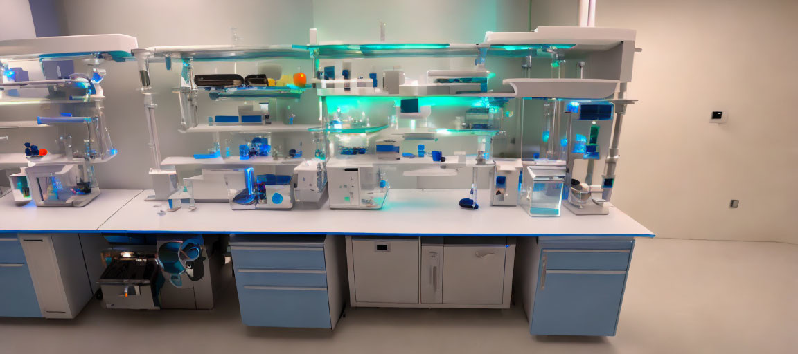 Organized laboratory setup with blue accents and assorted equipment