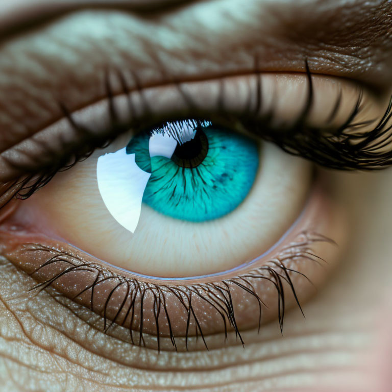 Detailed Close-up of Human Eye with Vibrant Blue Iris and Heart-shaped Reflection