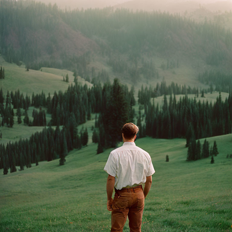 Man in white shirt and brown pants overlooking lush green valley at twilight