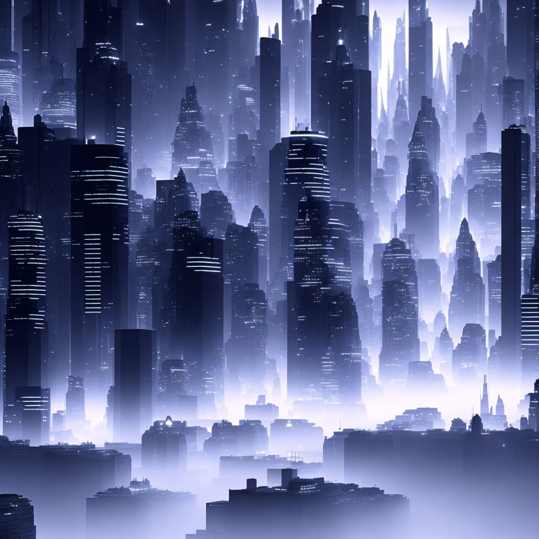 Futuristic cityscape with towering skyscrapers and bright lights