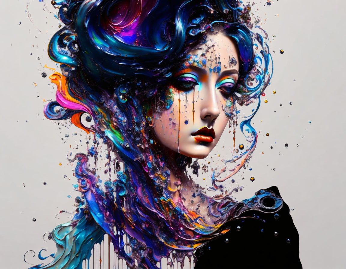 Vibrant surreal portrait of a woman dissolving into paint splatters