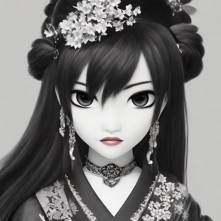 Animated character in traditional Asian attire with large eyes and floral accessories