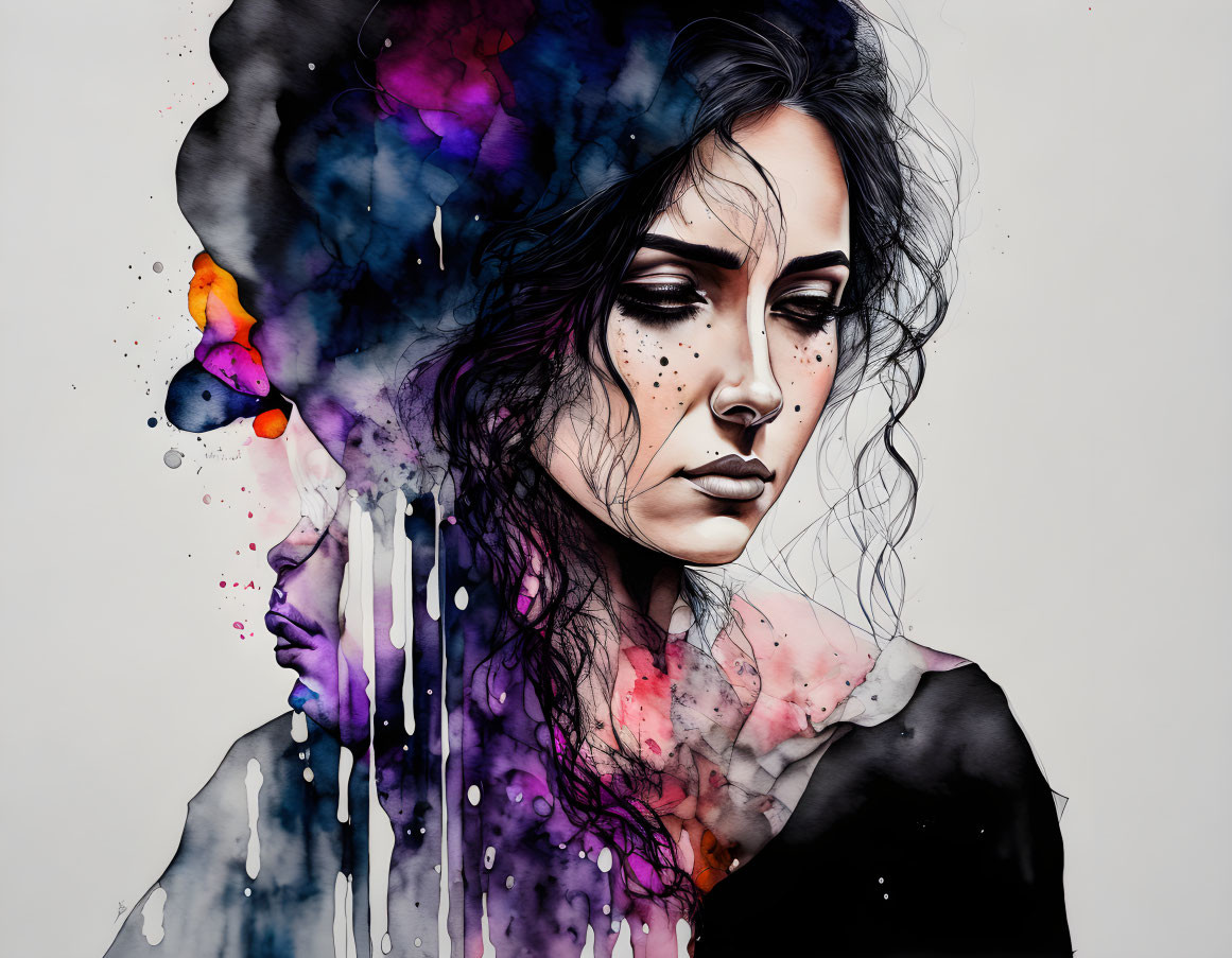 Colorful Abstract Watercolor Effect Woman Profile Artwork