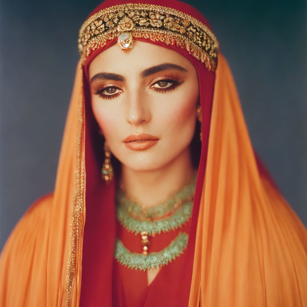 Ornate bejeweled headpiece and vibrant orange veil on regal woman