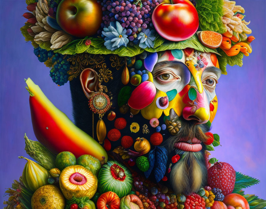 Colorful fruits and vegetables adorn a person's face in vibrant painting