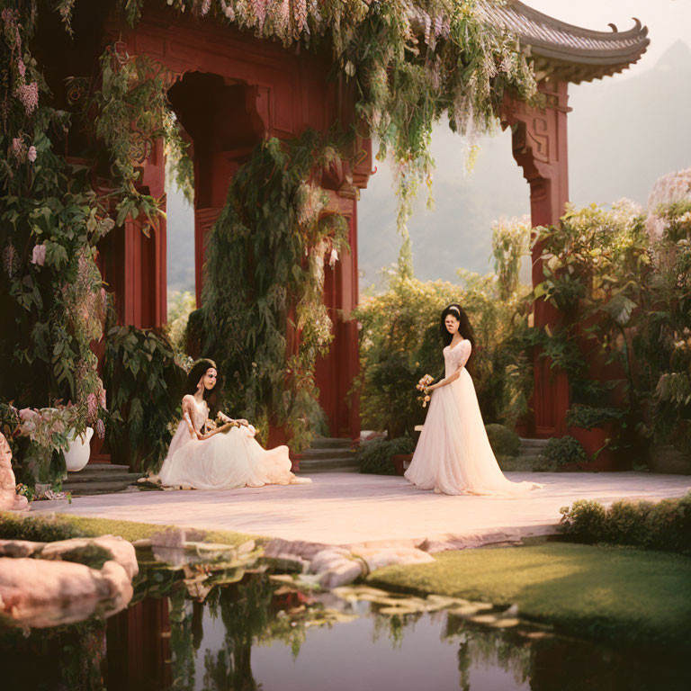 Two people in elegant dresses in a serene traditional garden with a pond and lush flora.