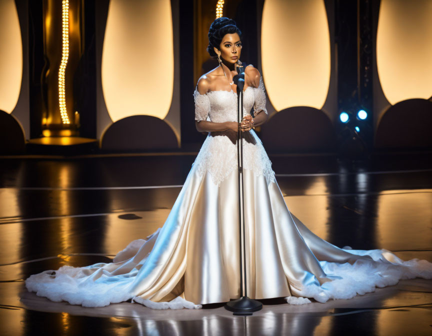 Woman in Elegant White Gown on Stage with Glowing Lights