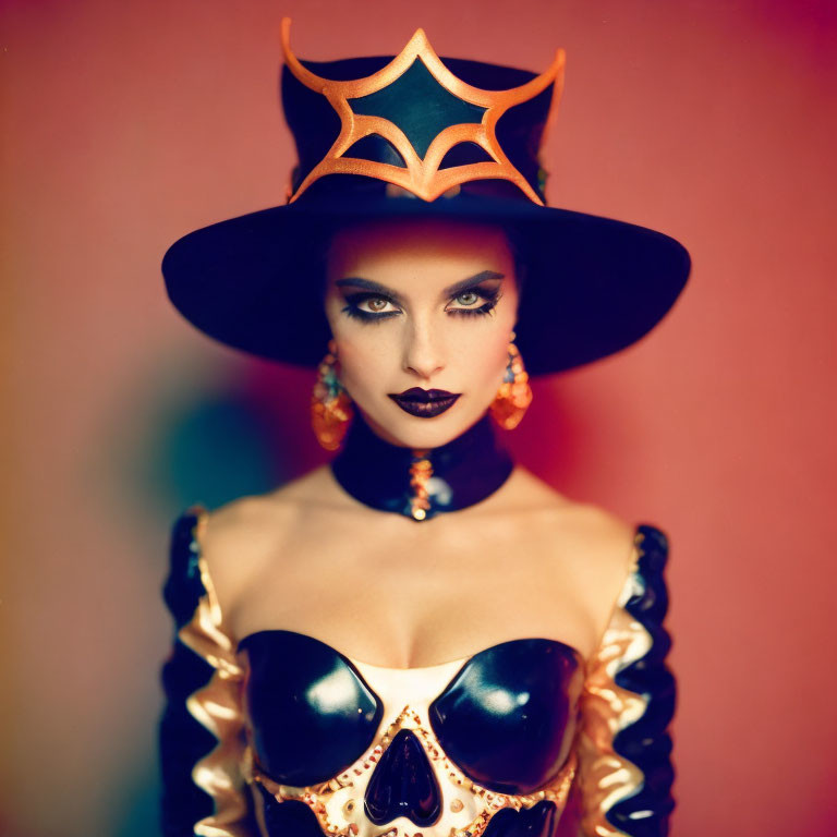 Person in dramatic skull motif makeup and black-gold outfit with pointed hat and earrings