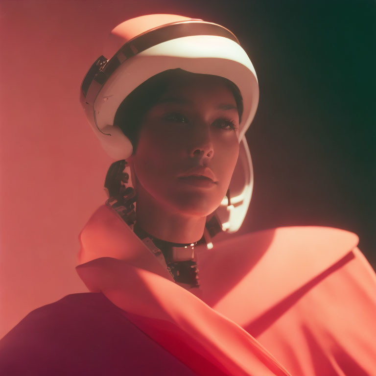 Futuristic white helmet and red cloak in red-lit room