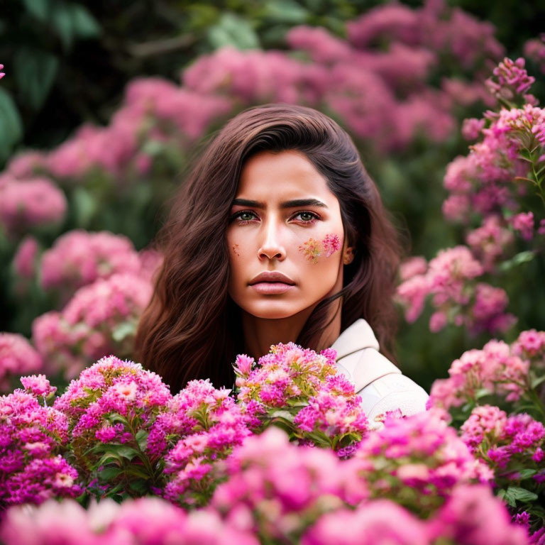 Woman with Striking Eyes Surrounded by Pink Flowers