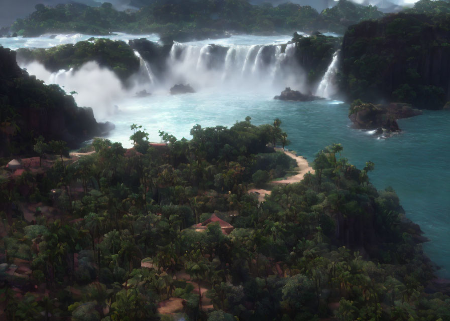 Tranquil Waterfall Landscape with Mist and Tropical Surroundings