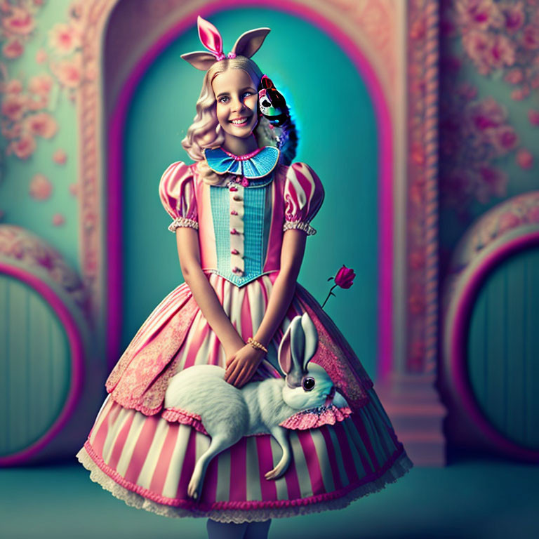 Whimsical illustration of girl in rabbit-themed dress with large ears and rose, with white rabbit in