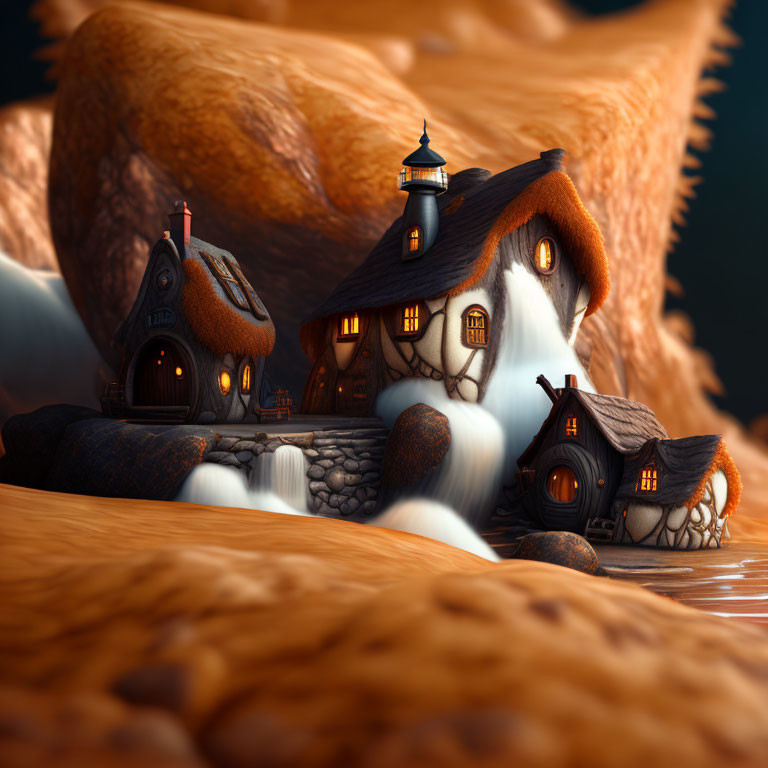 Detailed 3D illustration: Cozy fantasy village with mushroom houses and glowing windows