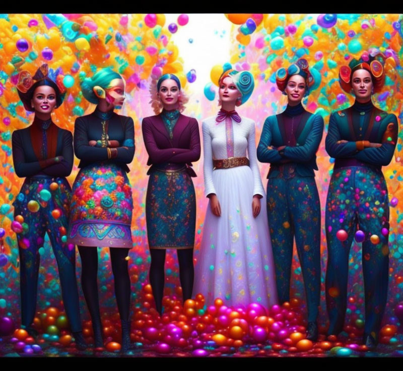 Five animated women in futuristic outfits surrounded by colorful balls