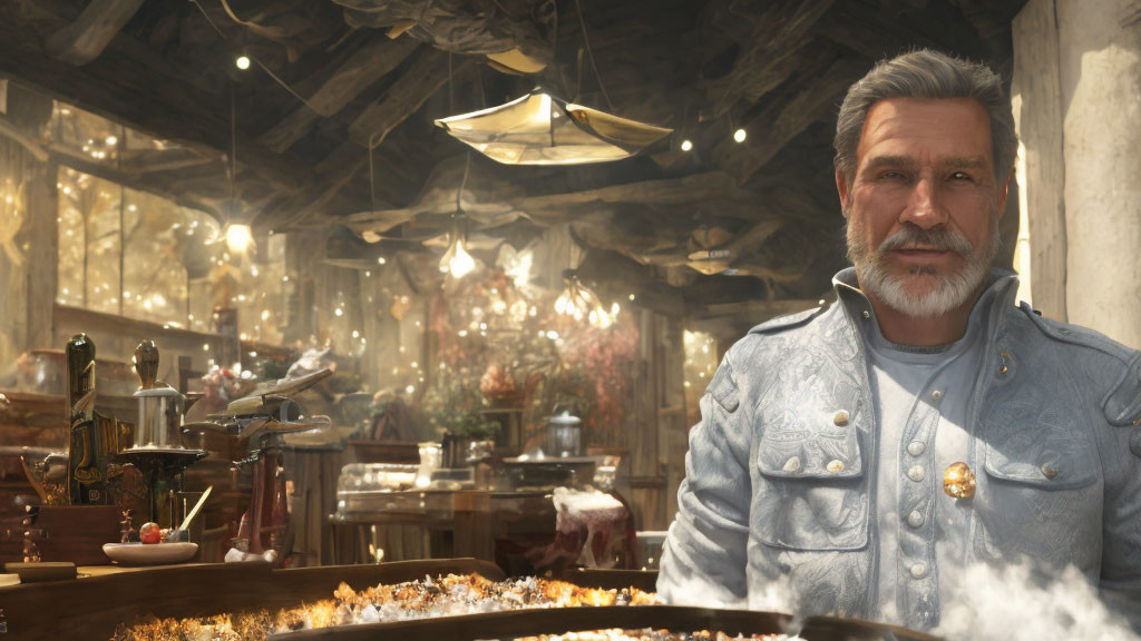 Gray-bearded man smiling at rustic table with steaming dishes under warm lights