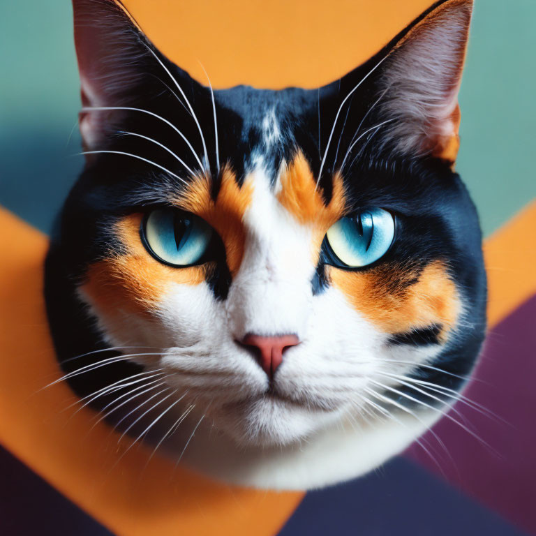 Calico Cat with Striking Blue Eyes on Colorful Geometric Background