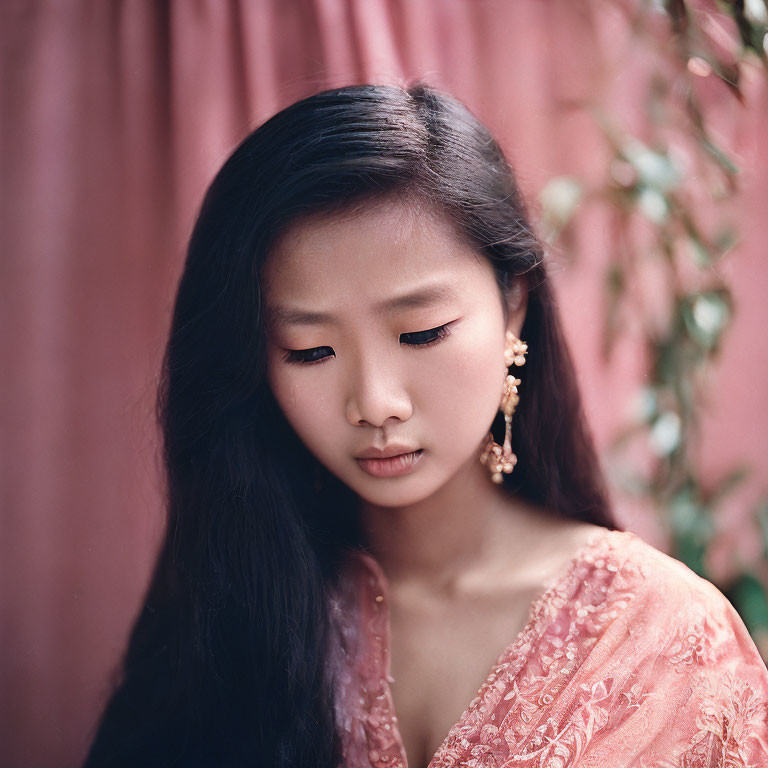 Young woman in coral attire with statement earrings against pink backdrop