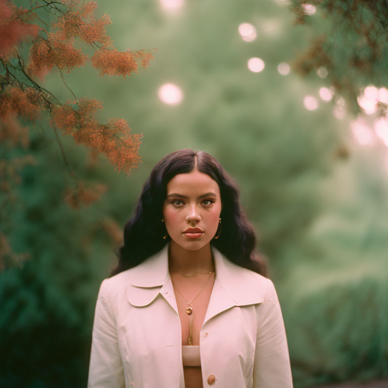 Dark-haired woman in cream jacket against dreamy foliage backdrop