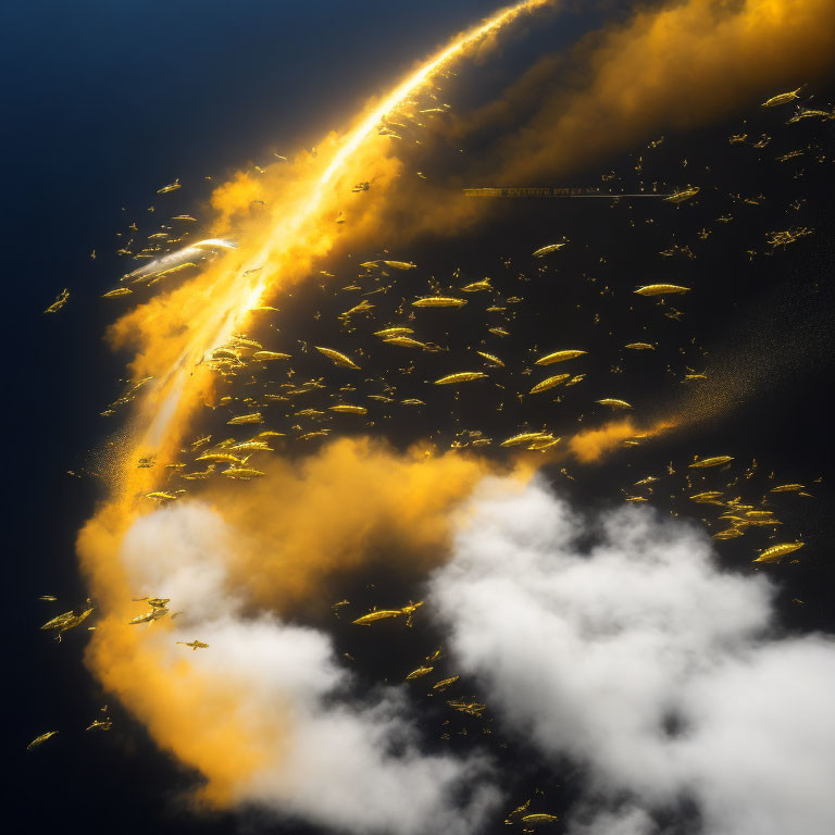 Underwater scene: Fish swarm around light beam in ocean depths