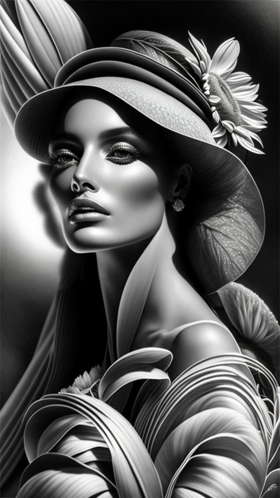 Monochrome illustration of glamorous woman in elegant hat with flower and stylized foliage attire