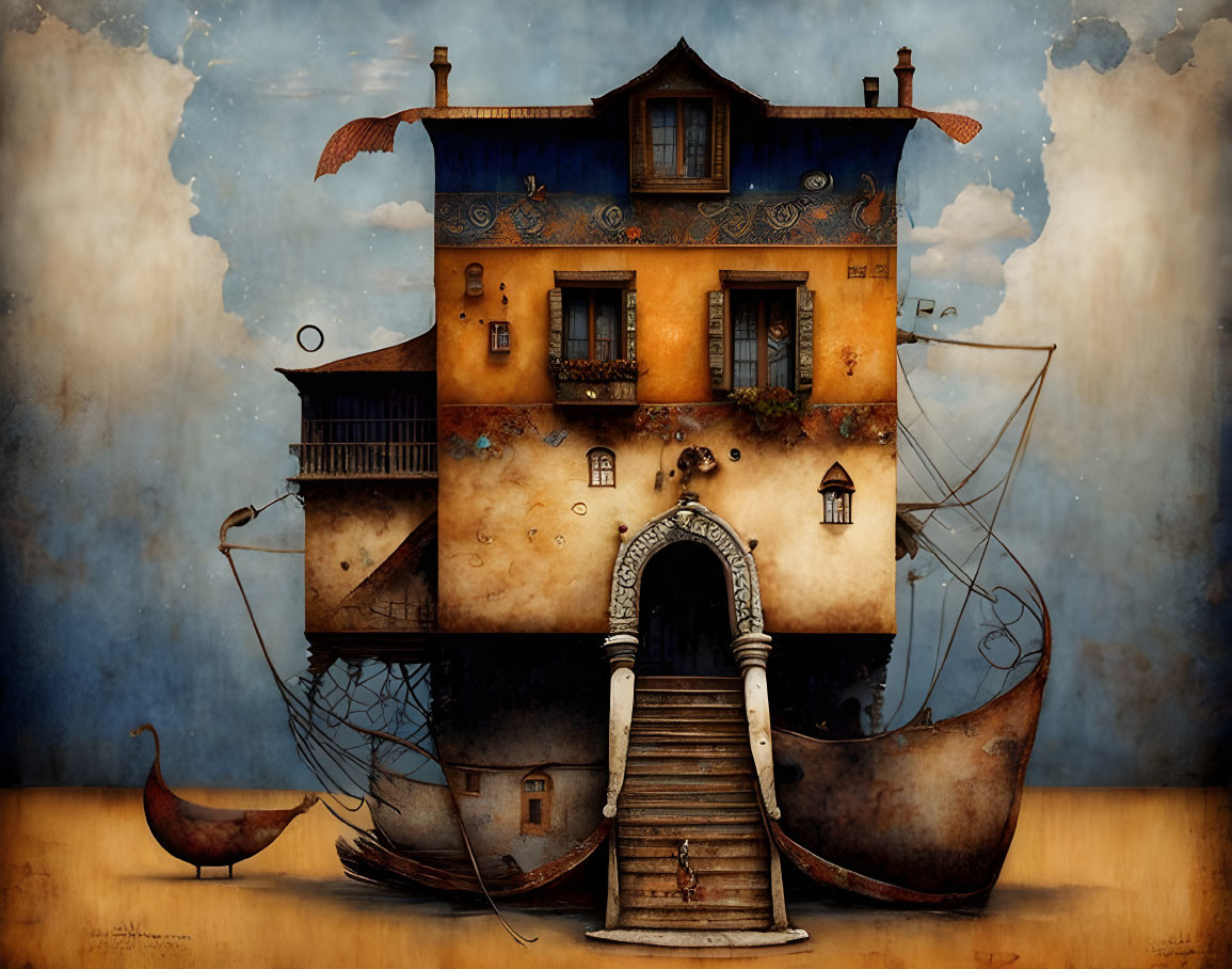 Whimsical two-story house on boat-like wings in surreal artwork