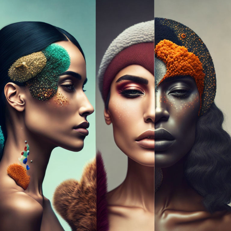 Side-by-Side Portraits: Woman with Artistic Makeup in Color and Grayscale with Gold and