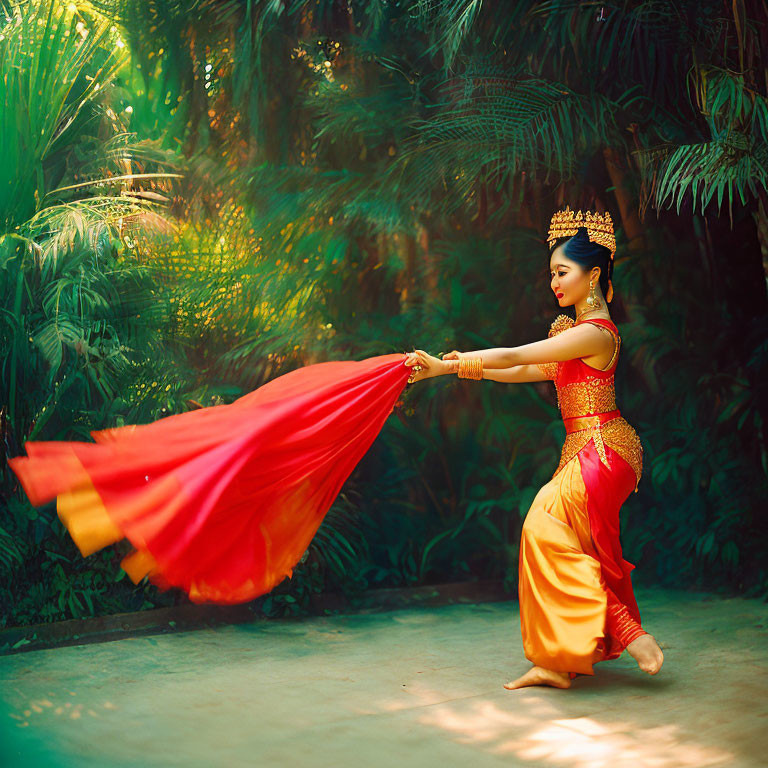 Woman in traditional attire dances with red fabric in lush forest setting