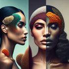 Side-by-Side Portraits: Woman with Artistic Makeup in Color and Grayscale with Gold and