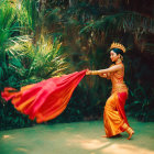 Woman in traditional attire dances with red fabric in lush forest setting