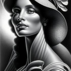 Monochrome illustration of glamorous woman in elegant hat with flower and stylized foliage attire