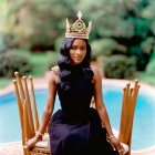 Regal woman in crown and dark dress on wooden throne chair by pool