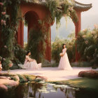 Two people in elegant dresses in a serene traditional garden with a pond and lush flora.