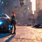 Futuristic woman in cyberpunk attire with sleek cars on neon-lit city street