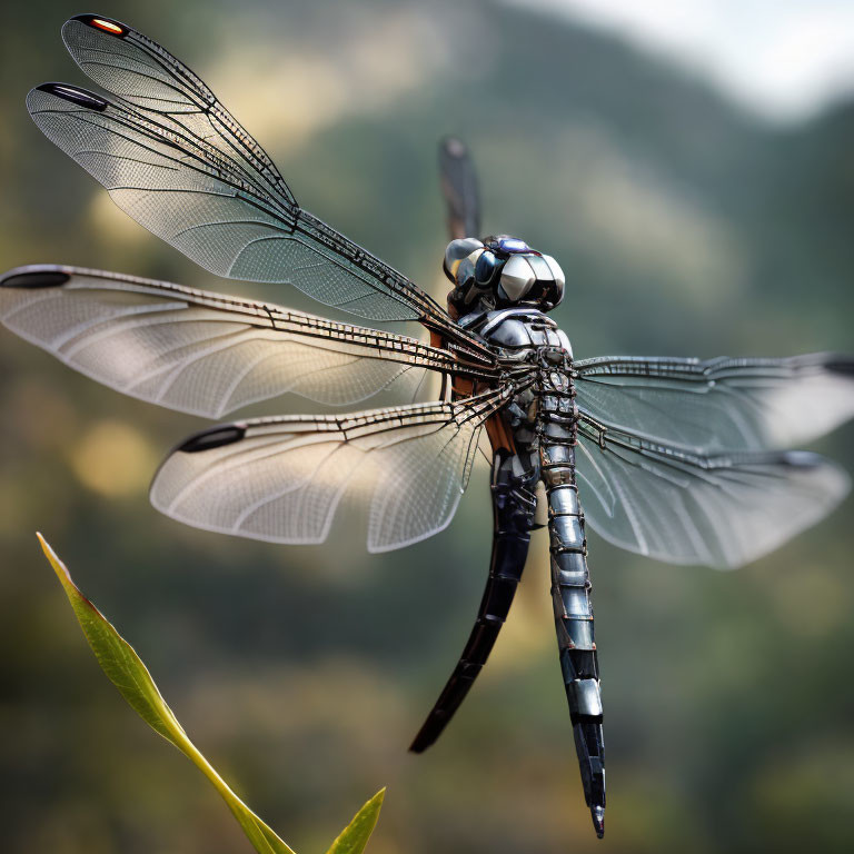 Dragonfly perched on green leaf with spread transparent wings