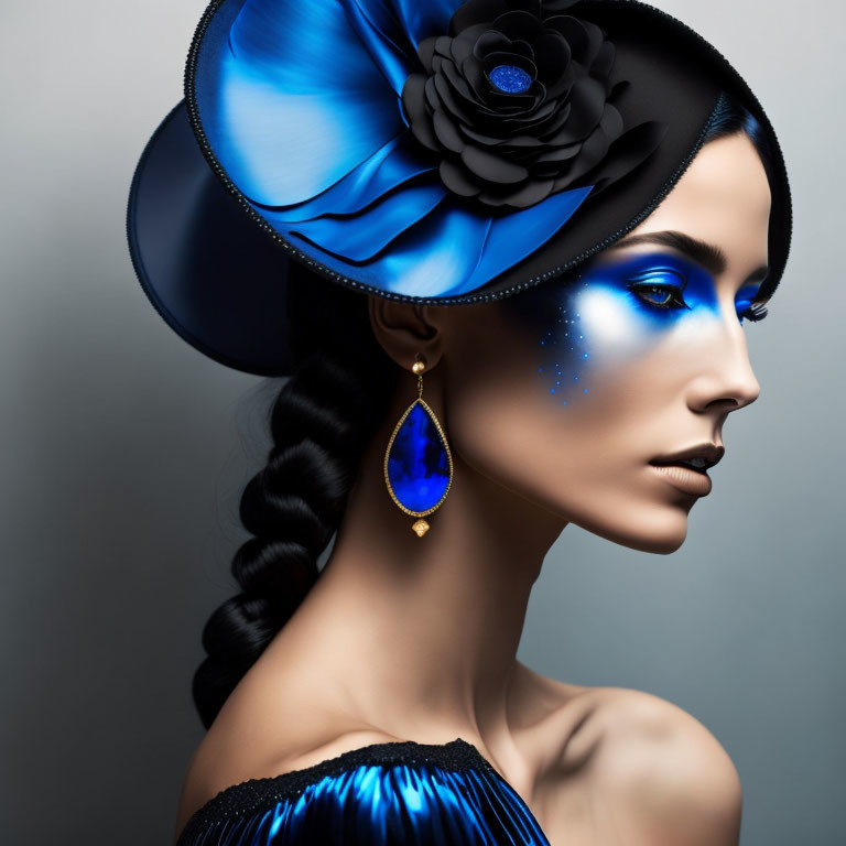 Woman with artistic blue makeup, flower hat, intricate braid, and gem earring.