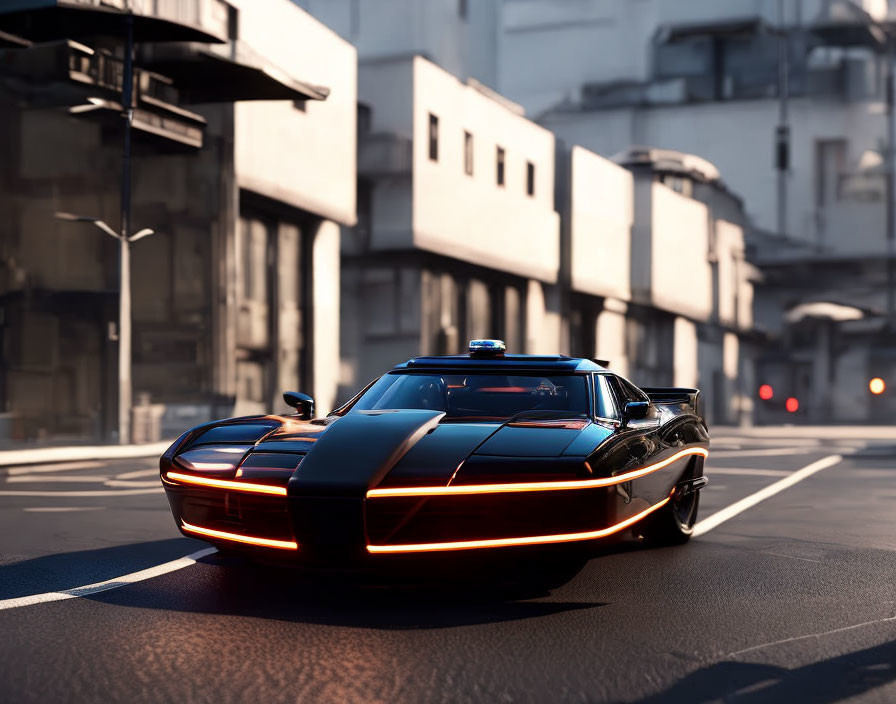 Black futuristic car with red accents and police light bar on urban street