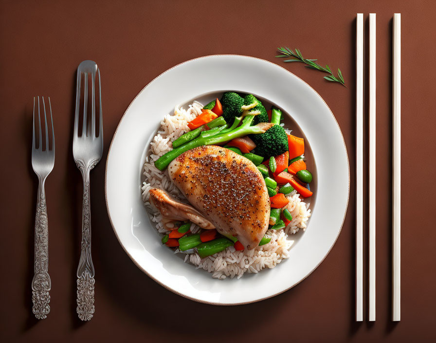 Chicken breast with rice, mixed vegetables, fork, knife, and chopsticks