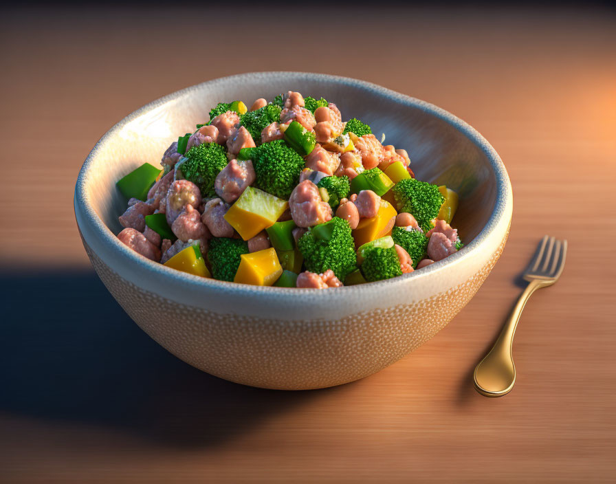 Colorful Vegetable Bowl with Fork on Wooden Surface