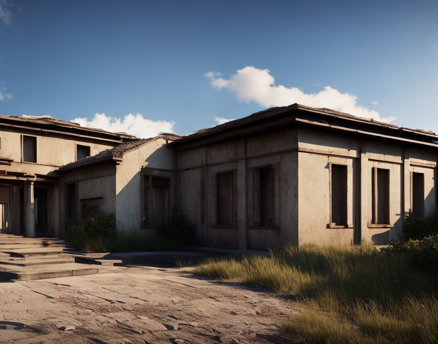 Weathered single-story buildings in overgrown surroundings.