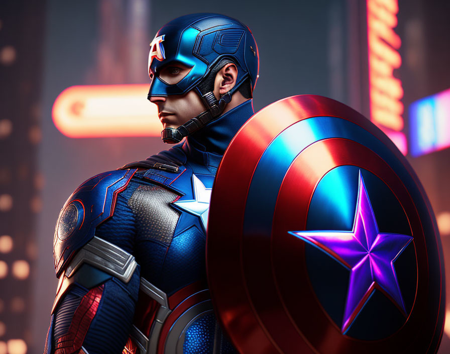 Detailed CG superhero in blue suit with red & white shield star