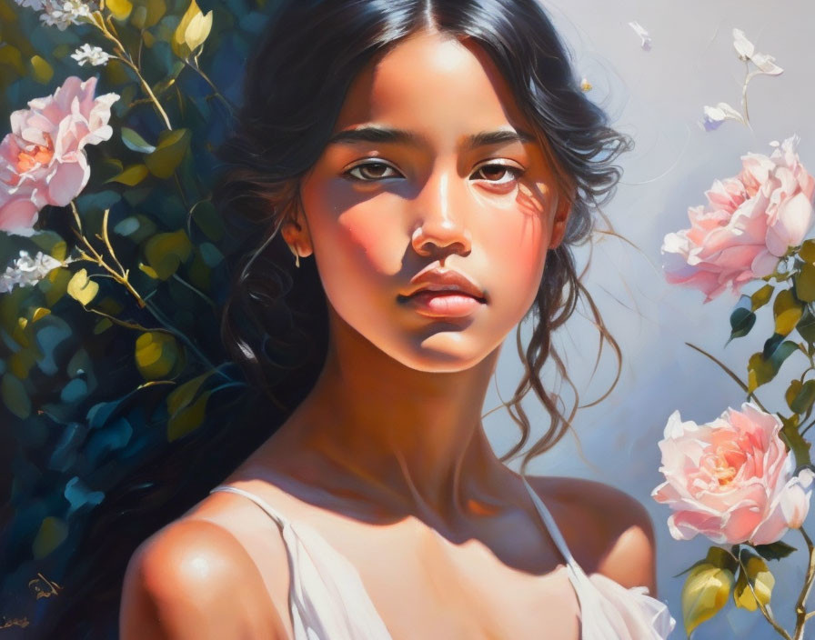 Realistic portrait of young woman with dark hair among blooming roses