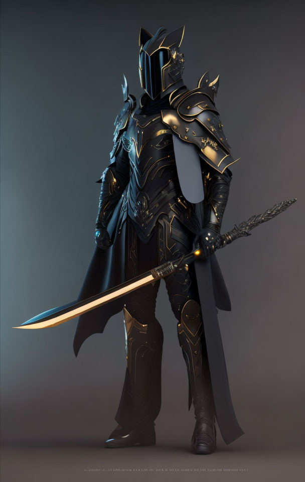 Armored knight in blue-black with intricate designs and plumed helmet