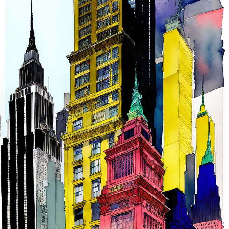 Vibrant skyscraper illustration with abstract colors and detailed architecture