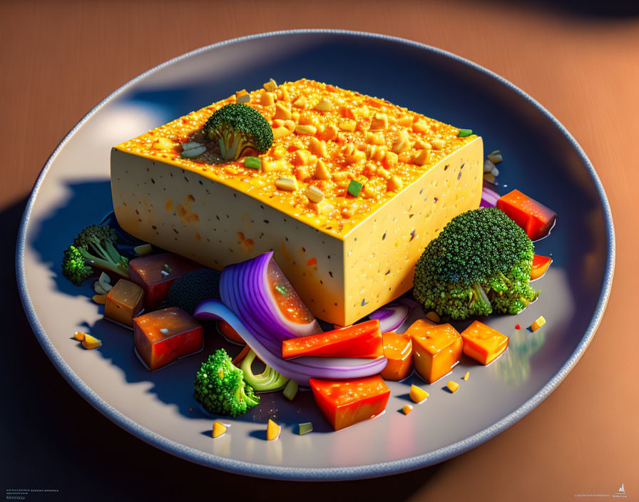 Cube of Cheese with Broccoli, Carrots, and Onions on Plate