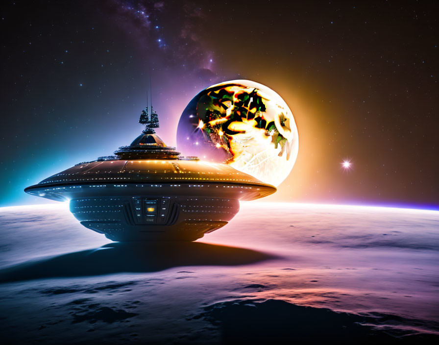 Spacecraft resembling USS Enterprise orbits celestial body with fiery planet backdrop.