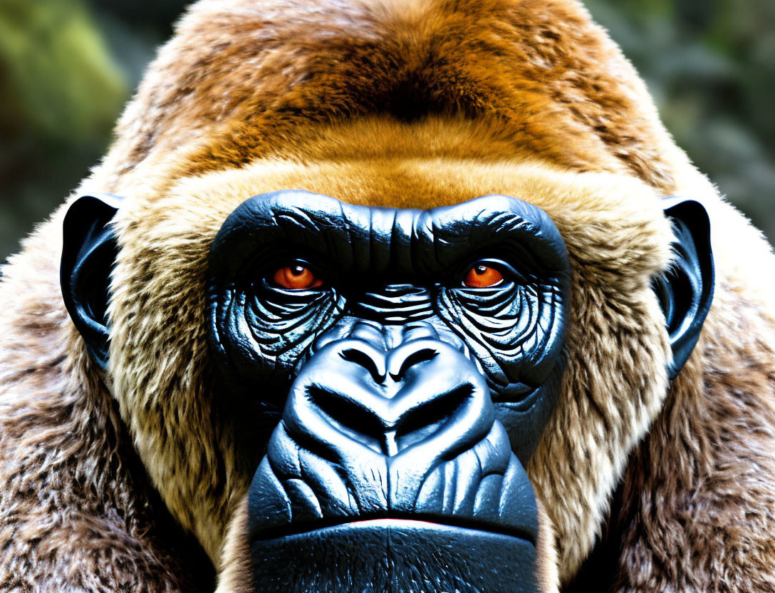 Brown-Haired Gorilla with Thoughtful Gaze and Red Eyes